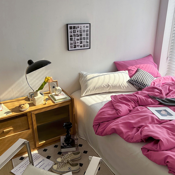 91家纺网 家纺一手货源 找家纺 梵克保罗 2025新款ins风小红书同款纯色双拼水洗棉四件套学生三件套亲肤加厚磨毛四件套混搭系列-单被套单枕套 双拼-慕斯玫瑰