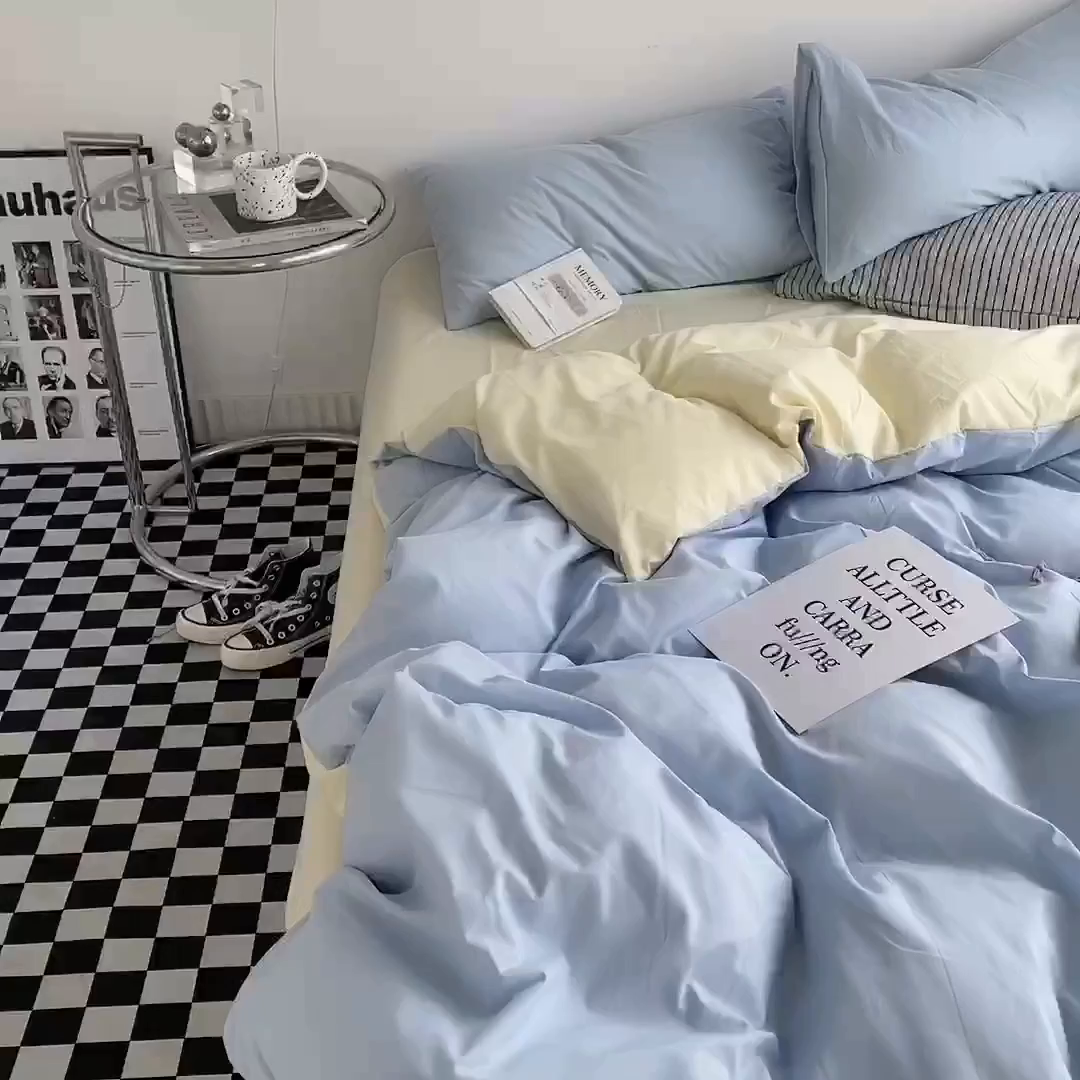 91家纺网 家纺一手货源 找家纺 梵克保罗 2025新款ins风小红书同款纯色双拼水洗棉四件套学生三件套亲肤加厚磨毛四件套混搭系列-单被套单枕套 双拼-浅蓝芝士