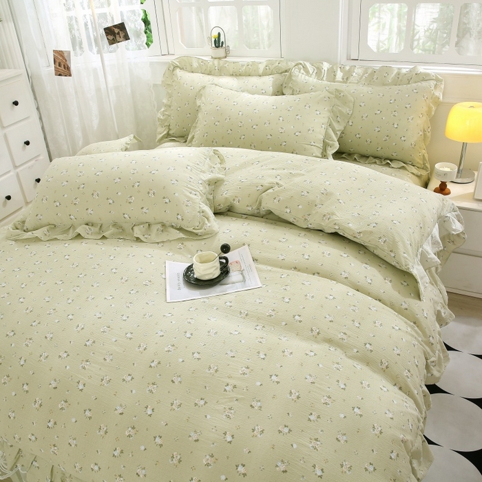 91家纺网 家纺一手货源 找家纺 梵克保罗 2025新款双层纱蕾丝花边床裙四件套 落日暮年-绿