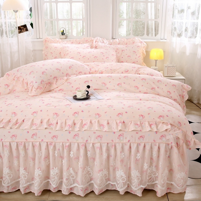 91家纺网 家纺一手货源 找家纺 梵克保罗 2025新款双层纱蕾丝花边床裙四件套 甜蜜甜筒