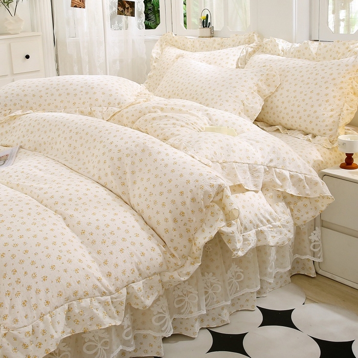 91家纺网 家纺一手货源 找家纺 梵克保罗 2025新款双层纱蕾丝花边床裙四件套 栀子海