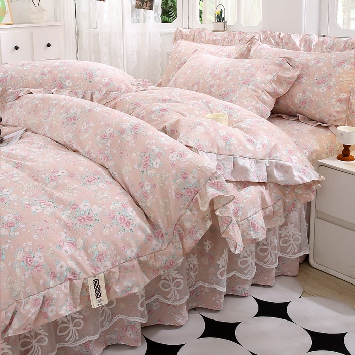 91家纺网 家纺一手货源 找家纺 梵克保罗 2025新款双层纱蕾丝花边床裙四件套 爱如星辰