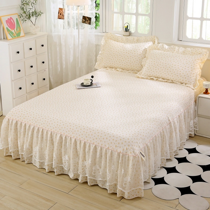 梵克保罗 2025新款双层纱蕾丝花边床裙四件套 栀子海