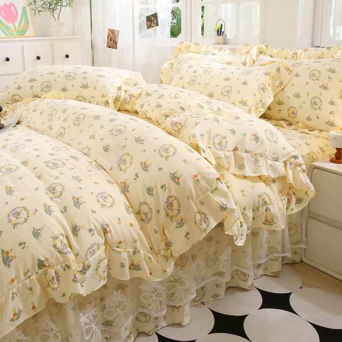 91家纺网 家纺一手货源 找家纺 梵克保罗 2025新款双层纱蕾丝花边床裙四件套 兔子欢喜