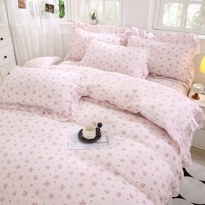 91家纺网 家纺一手货源 找家纺 梵克保罗 2025新款双层纱蕾丝花边床裙四件套 相思-樱桃红