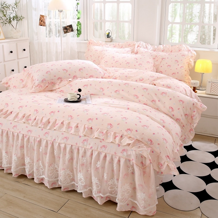 91家纺网 家纺一手货源 找家纺 梵克保罗 2025新款双层纱蕾丝花边床裙四件套 甜蜜甜筒