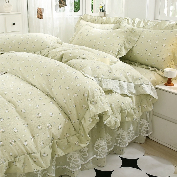 91家纺网 家纺一手货源 找家纺 梵克保罗 2025新款双层纱蕾丝花边床裙四件套 落日暮年-绿