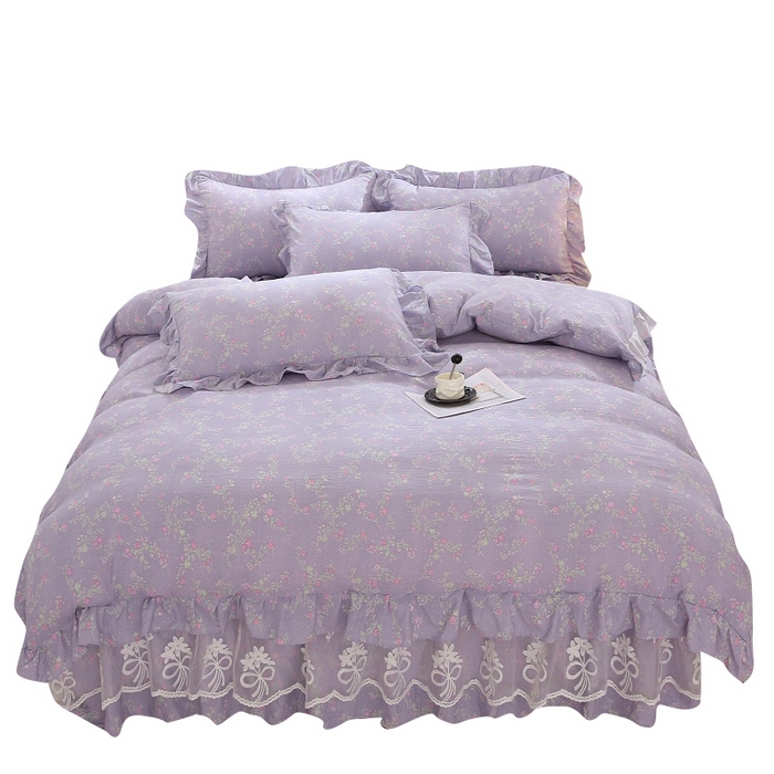 91家纺网 家纺一手货源 找家纺 梵克保罗 2025新款双层纱蕾丝花边床裙四件套 倾心紫