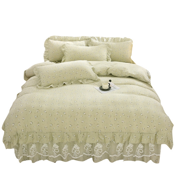 91家纺网 家纺一手货源 找家纺 梵克保罗 2025新款双层纱蕾丝花边床裙四件套 落日暮年-绿