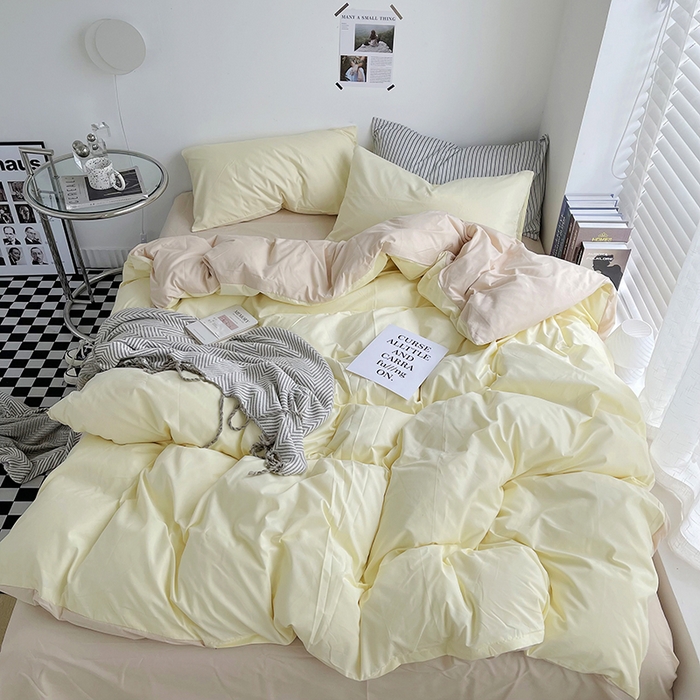 91家纺网 家纺一手货源 找家纺 梵克保罗 2025新款ins风小红书同款纯色双拼水洗棉四件套学生三件套亲肤加厚磨毛四件套混搭系列-单被套单枕套 双拼-芝士奶茶