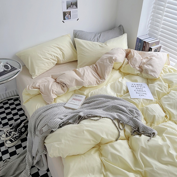 91家纺网 家纺一手货源 找家纺 梵克保罗 2025新款ins风小红书同款纯色双拼水洗棉四件套学生三件套亲肤加厚磨毛四件套混搭系列-单被套单枕套 双拼-芝士奶茶