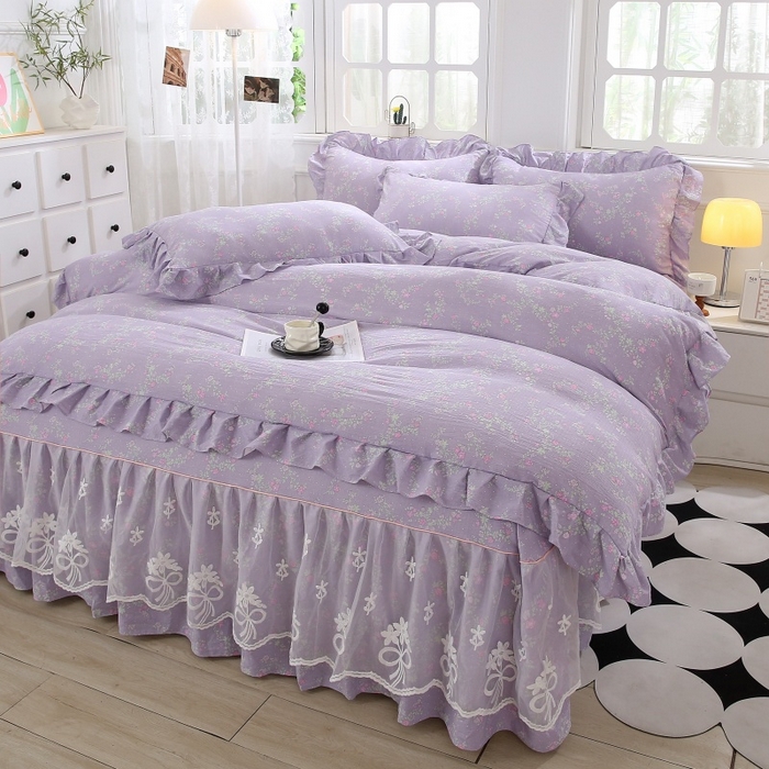 91家纺网 家纺一手货源 找家纺 梵克保罗 2025新款双层纱蕾丝花边床裙四件套 倾心紫