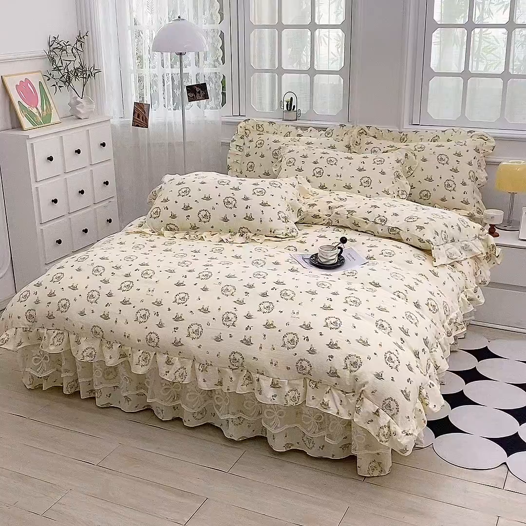 91家纺网 家纺一手货源 找家纺 梵克保罗 2025新款双层纱蕾丝花边床裙四件套 兔子欢喜