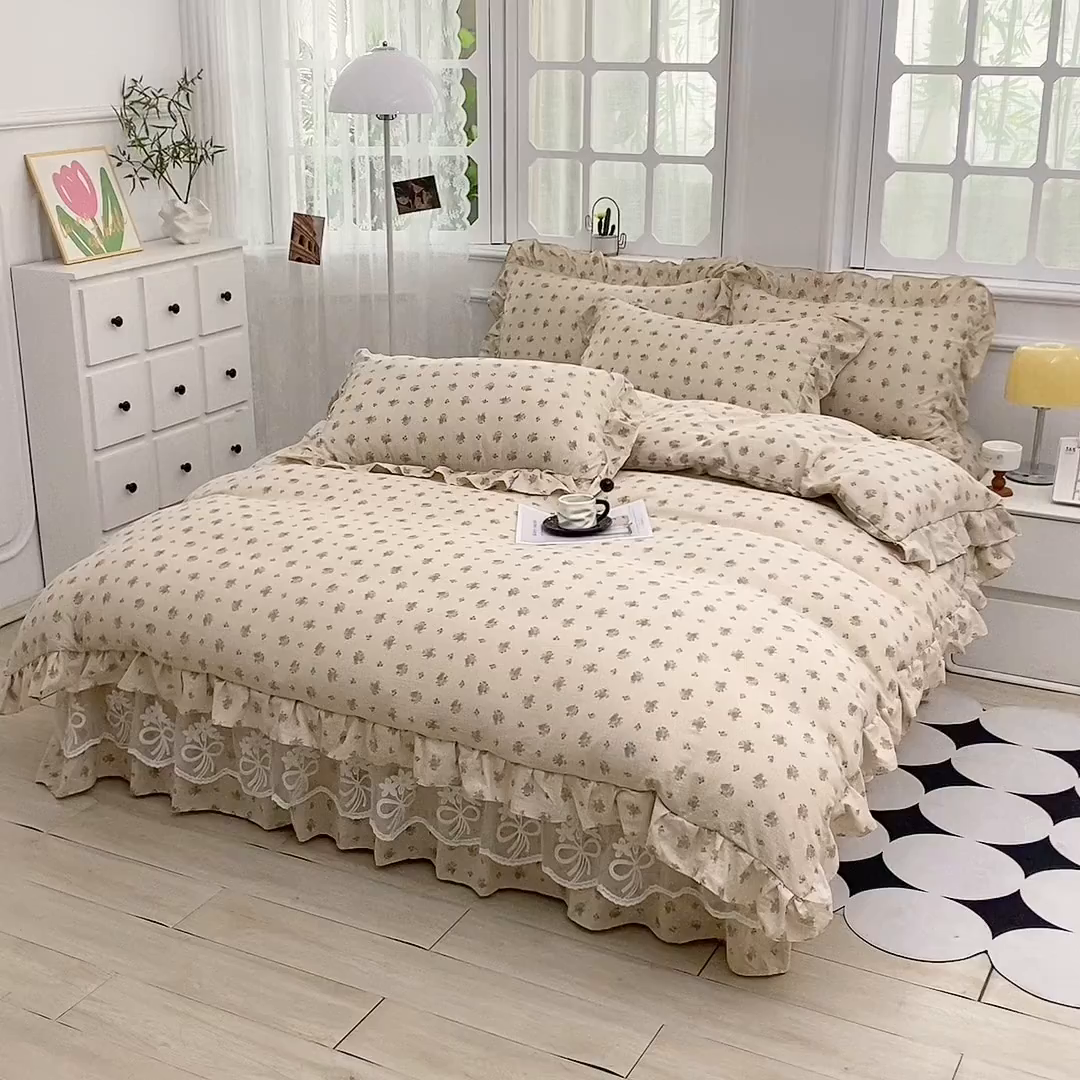 91家纺网 家纺一手货源 找家纺 梵克保罗 2025新款双层纱蕾丝花边床裙四件套 花海