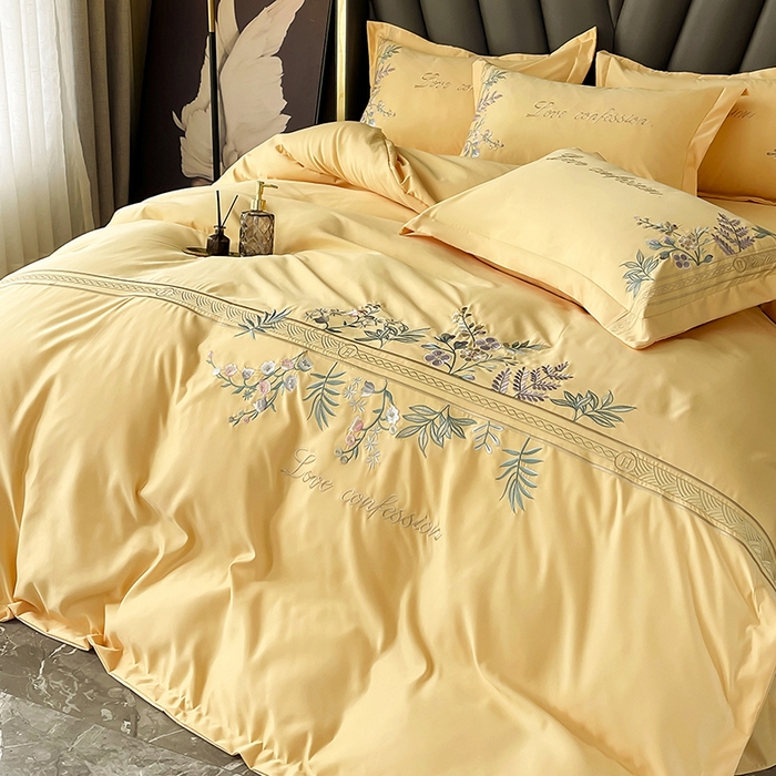 91家纺网 家纺一手货源 找家纺 梵克保罗 2025春夏新款天丝棉刺绣凉感四件套-华尔兹 华尔兹-柠檬黄