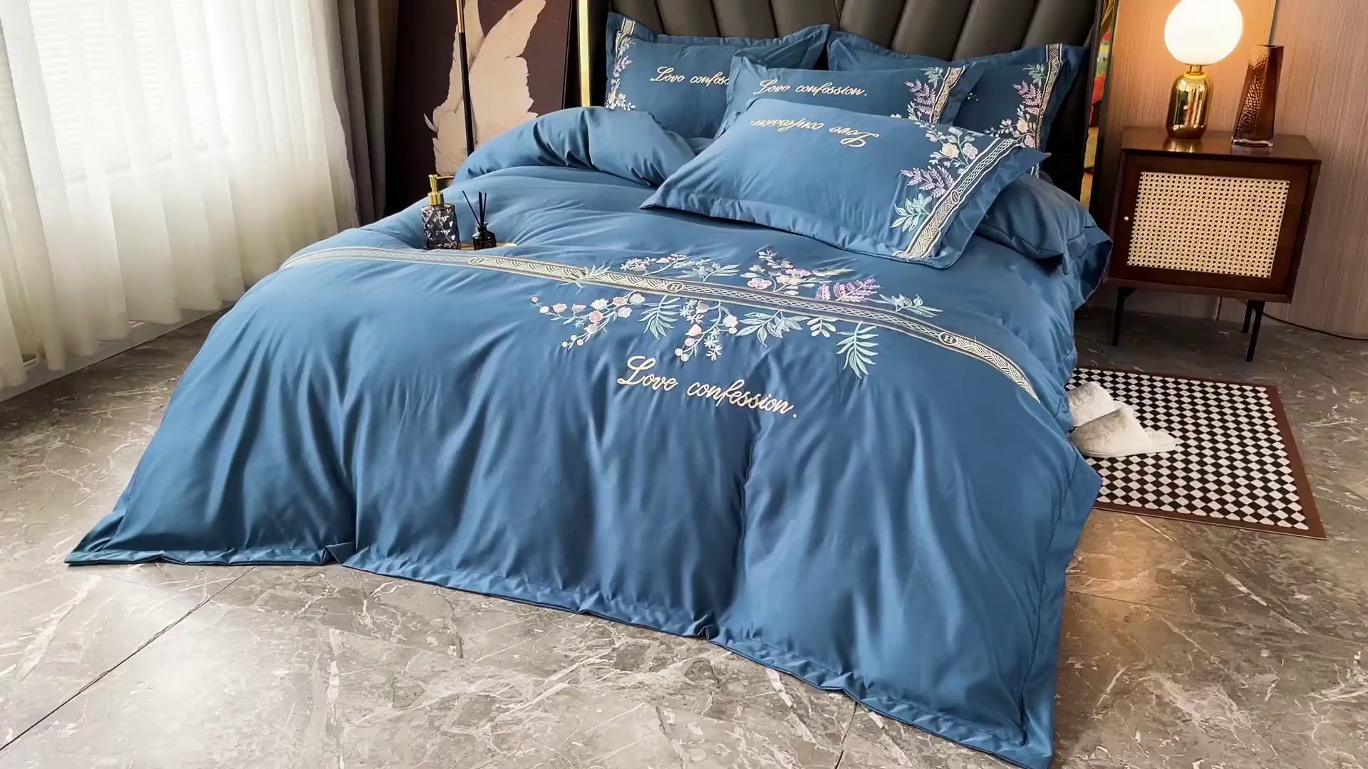 91家纺网 家纺一手货源 找家纺 梵克保罗 2025春夏新款天丝棉刺绣凉感四件套-华尔兹 华尔兹-钻石蓝