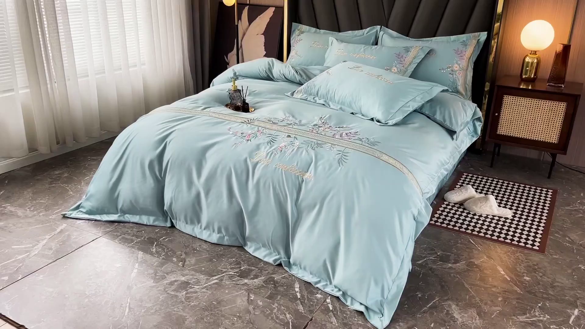 91家纺网 家纺一手货源 找家纺 梵克保罗 2025春夏新款天丝棉刺绣凉感四件套-华尔兹 华尔兹-梵星绿