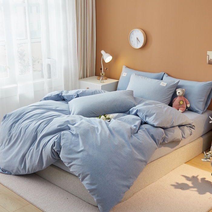 91家纺网 家纺一手货源 找家纺 梵克保罗 2025新款无印风四件套系列 优雅蓝-床笠款