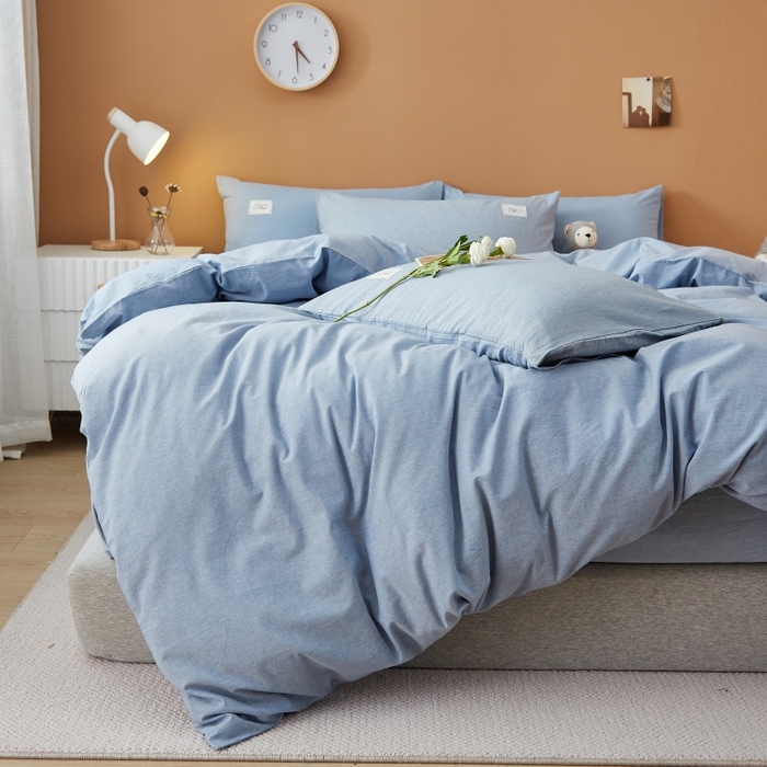 91家纺网 家纺一手货源 找家纺 梵克保罗 2025新款无印风四件套系列 优雅蓝-床笠款