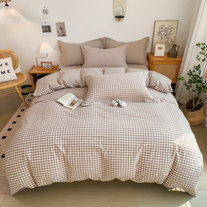 梵克保罗 2025新款无印风四件套系列 咖小格-床单款