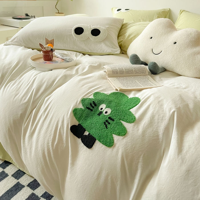 91家纺网 家纺一手货源 找家纺 梵克保罗 2025新款卡通水洗棉毛巾绣四件套 幸运树-米白配浅绿