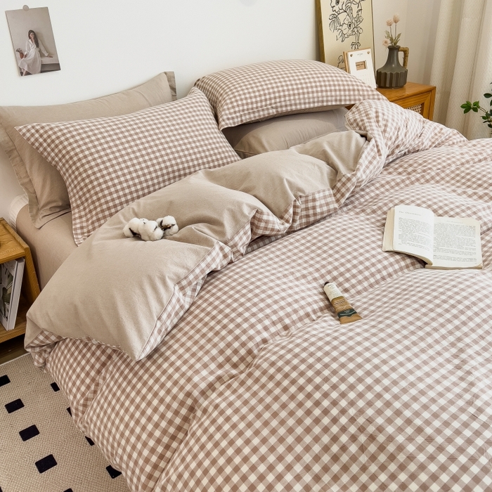 91家纺网 家纺一手货源 找家纺 梵克保罗 2025新款无印风四件套系列 咖小格-床单款