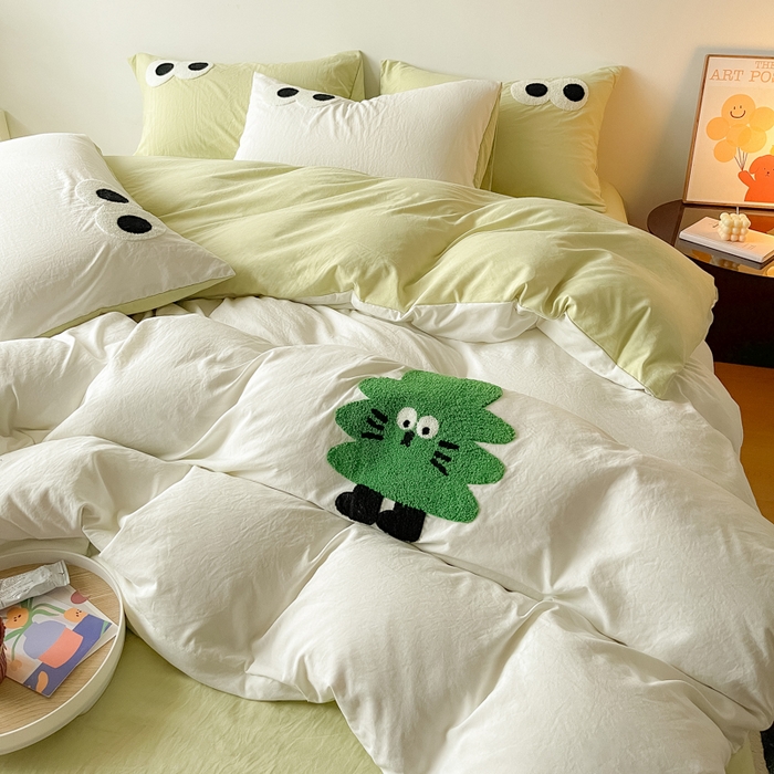 91家纺网 家纺一手货源 找家纺 梵克保罗 2025新款卡通水洗棉毛巾绣四件套 幸运树-米白配浅绿