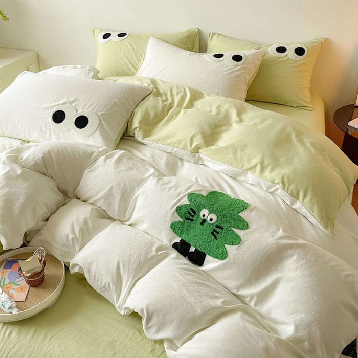 91家纺网 家纺一手货源 找家纺 梵克保罗 2025新款卡通水洗棉毛巾绣四件套 幸运树-米白配浅绿