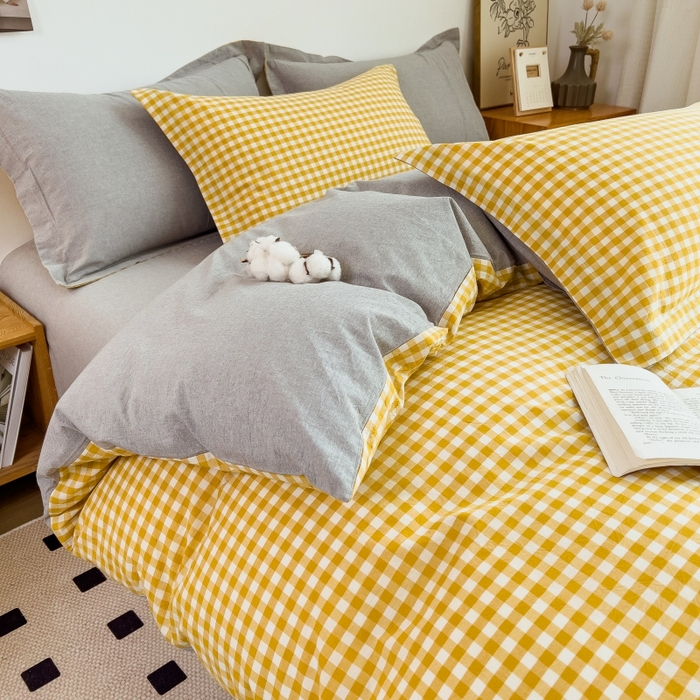 91家纺网 家纺一手货源 找家纺 梵克保罗 2025新款无印风四件套系列 小黄格-床单款