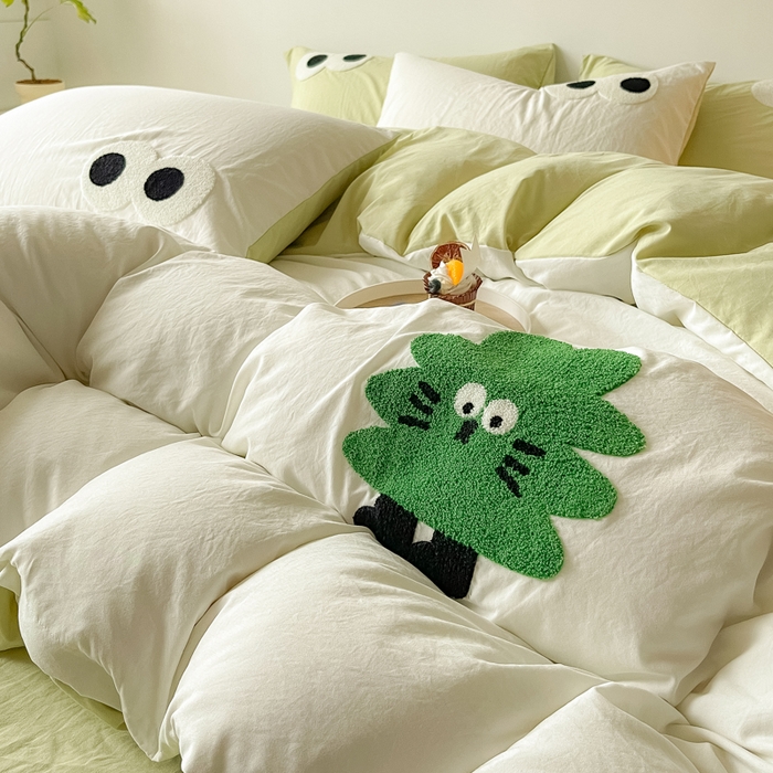 91家纺网 家纺一手货源 找家纺 梵克保罗 2025新款卡通水洗棉毛巾绣四件套 幸运树-米白配浅绿