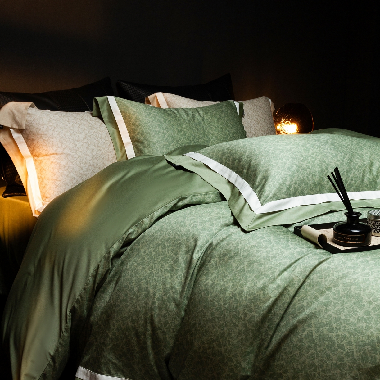 91家纺网 家纺一手货源 找家纺 ONE TWO ONE 121 2025新款高支高密全棉贡缎长绒精工细作工艺款-观雪【会员减-20】  控价 498 -518 观雪-绿