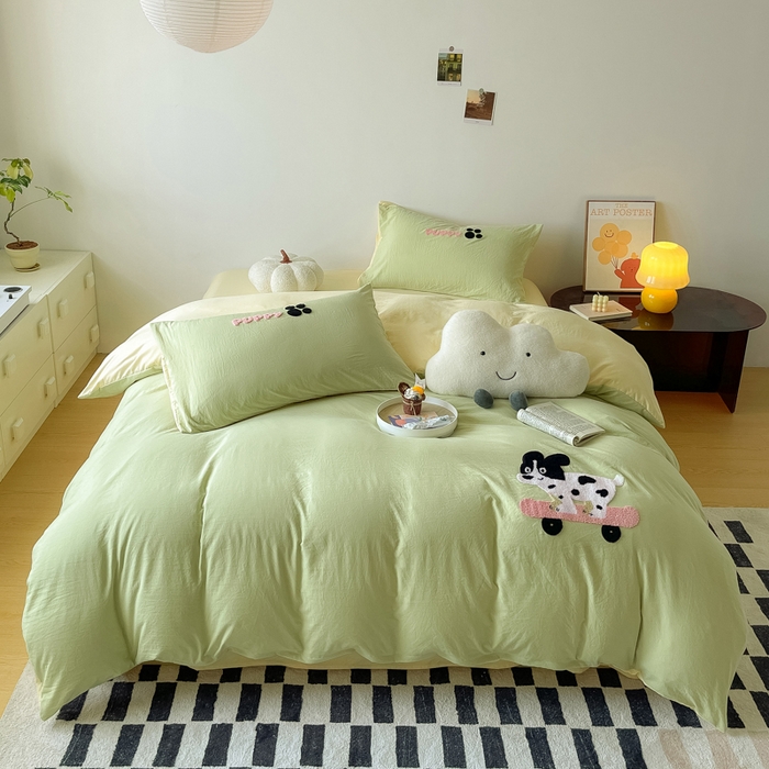 梵克保罗 2025新款卡通水洗棉毛巾绣四件套 浅绿配米黄