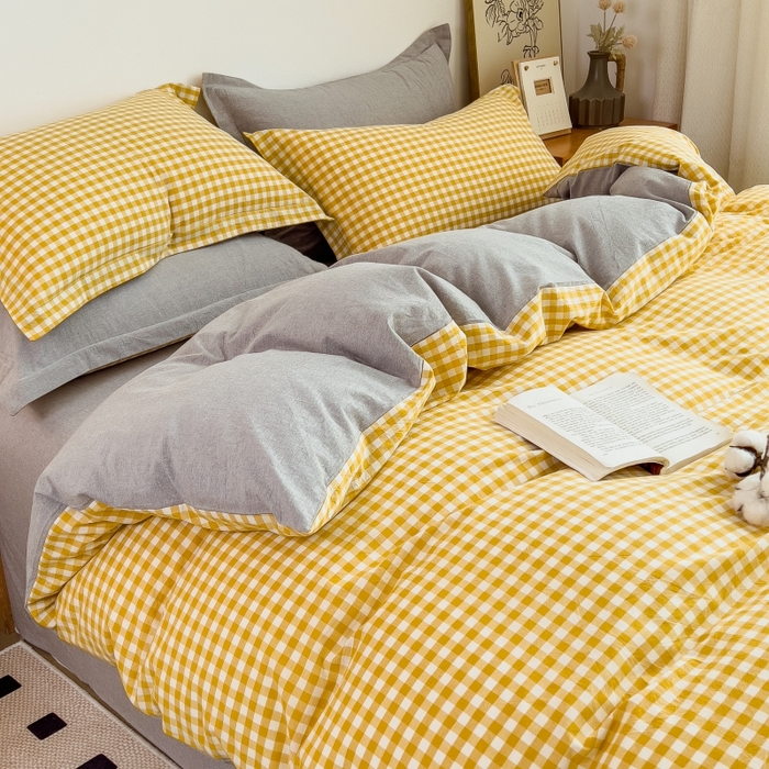 91家纺网 家纺一手货源 找家纺 梵克保罗 2025新款无印风四件套系列 小黄格-床单款