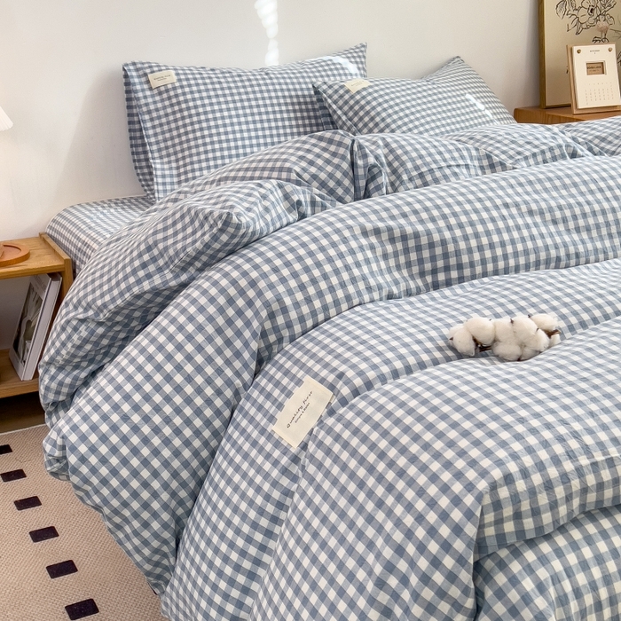 91家纺网 家纺一手货源 找家纺 梵克保罗 2025新款无印风四件套系列 天蓝小格-床单款