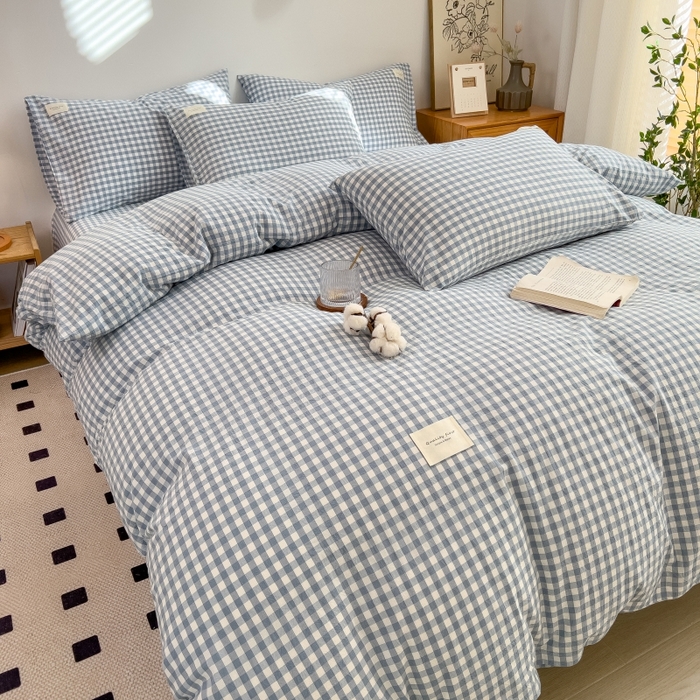 91家纺网 家纺一手货源 找家纺 梵克保罗 2025新款无印风四件套系列 天蓝小格-床单款