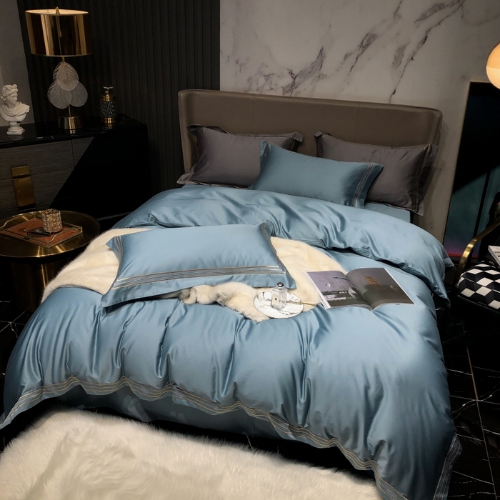 91家纺网 家纺一手货源 找家纺 梵克保罗 2025春夏新款全棉长绒棉100支三线绣刺绣四件套 爱佳蓝