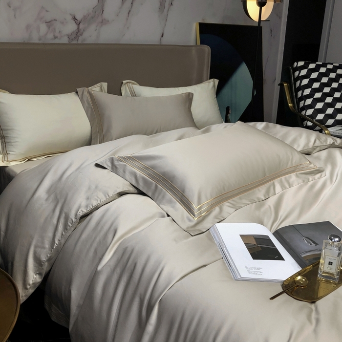 91家纺网 家纺一手货源 找家纺 梵克保罗 2025春夏新款全棉长绒棉100支三线绣刺绣四件套 宫廷咖