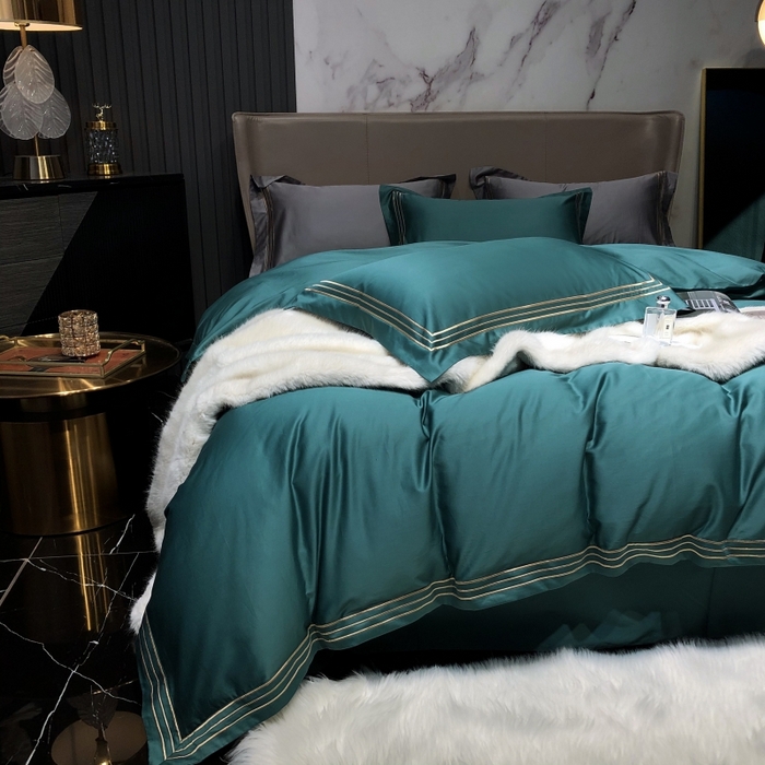 91家纺网 家纺一手货源 找家纺 梵克保罗 2025春夏新款全棉长绒棉100支三线绣刺绣四件套 丝绒绿