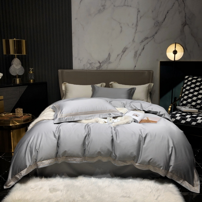 91家纺网 家纺一手货源 找家纺 梵克保罗 2025春夏新款全棉长绒棉100支三线绣刺绣四件套 深情灰