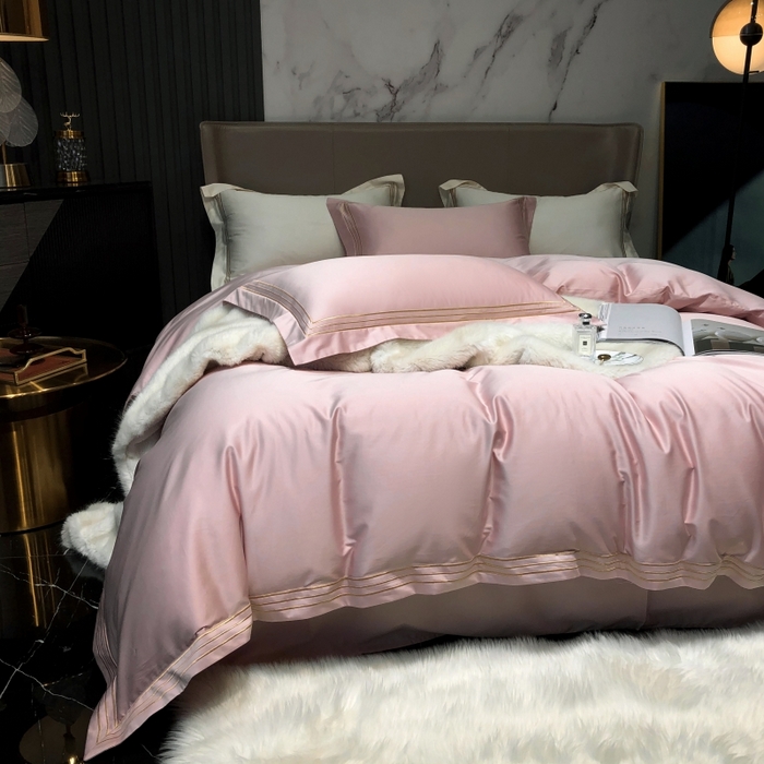 91家纺网 家纺一手货源 找家纺 梵克保罗 2025春夏新款全棉长绒棉100支三线绣刺绣四件套 儒雅粉