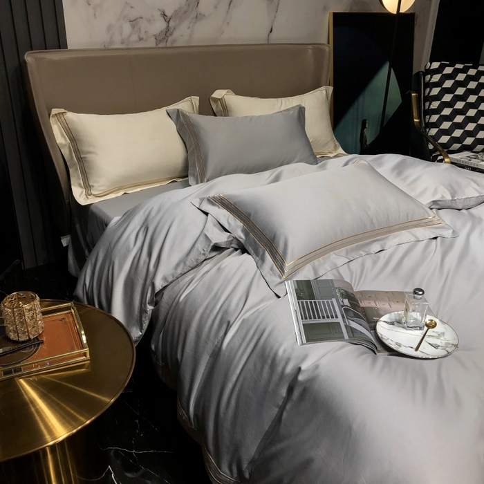 91家纺网 家纺一手货源 找家纺 梵克保罗 2025春夏新款全棉长绒棉100支三线绣刺绣四件套 深情灰