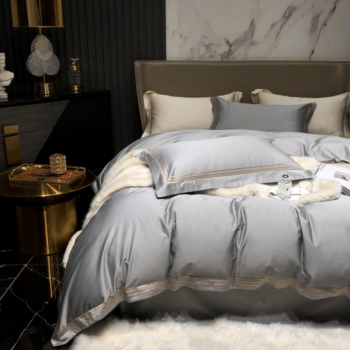 91家纺网 家纺一手货源 找家纺 梵克保罗 2025春夏新款全棉长绒棉100支三线绣刺绣四件套 深情灰