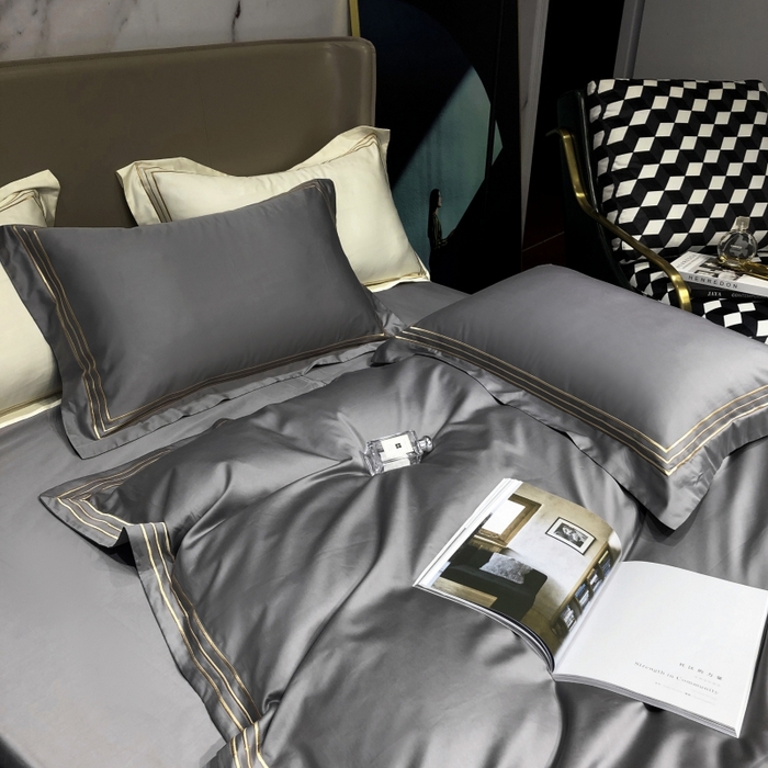 91家纺网 家纺一手货源 找家纺 梵克保罗 2025春夏新款全棉长绒棉100支三线绣刺绣四件套 女神灰