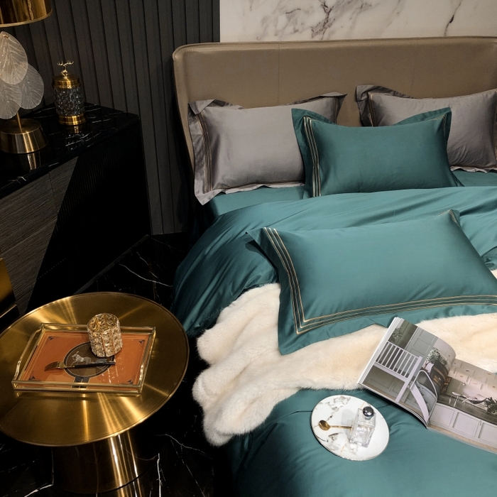 91家纺网 家纺一手货源 找家纺 梵克保罗 2025春夏新款全棉长绒棉100支三线绣刺绣四件套 丝绒绿