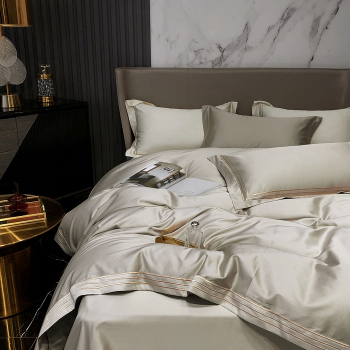 91家纺网 家纺一手货源 找家纺 梵克保罗 2025春夏新款全棉长绒棉100支三线绣刺绣四件套 宫廷咖