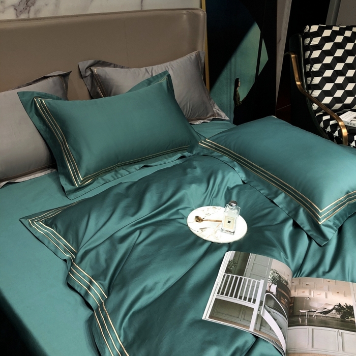 91家纺网 家纺一手货源 找家纺 梵克保罗 2025春夏新款全棉长绒棉100支三线绣刺绣四件套 丝绒绿