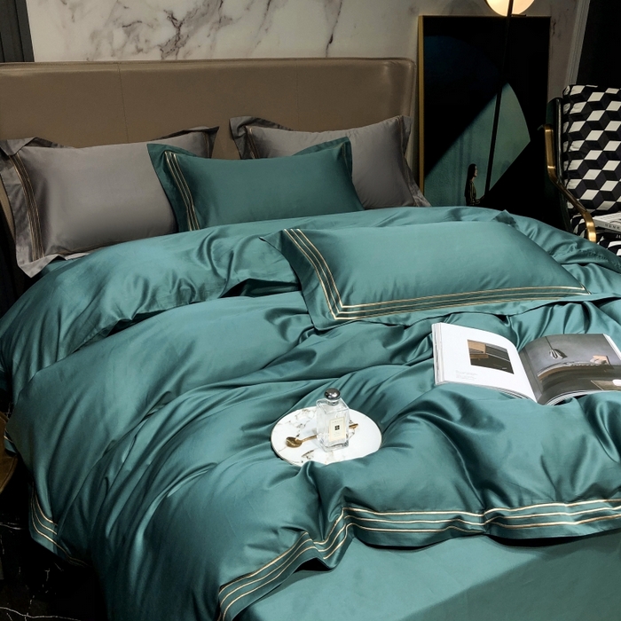 91家纺网 家纺一手货源 找家纺 梵克保罗 2025春夏新款全棉长绒棉100支三线绣刺绣四件套 丝绒绿