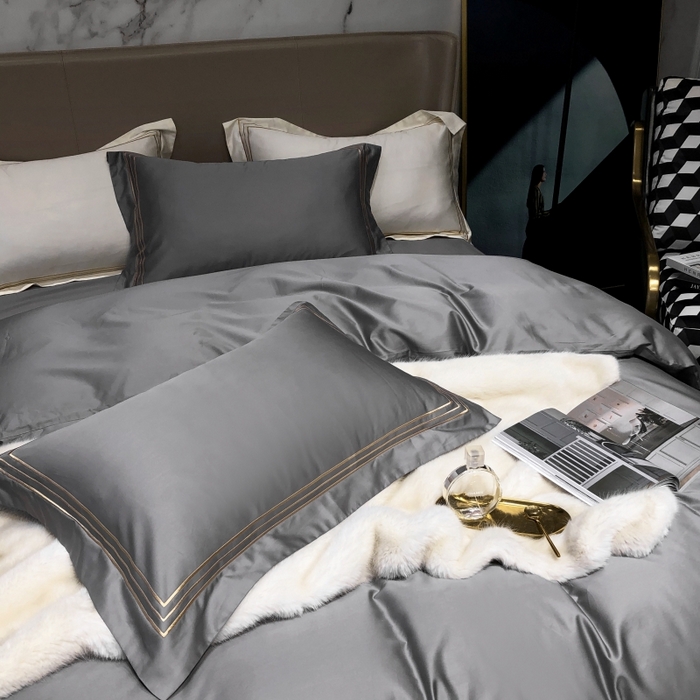 91家纺网 家纺一手货源 找家纺 梵克保罗 2025春夏新款全棉长绒棉100支三线绣刺绣四件套 女神灰