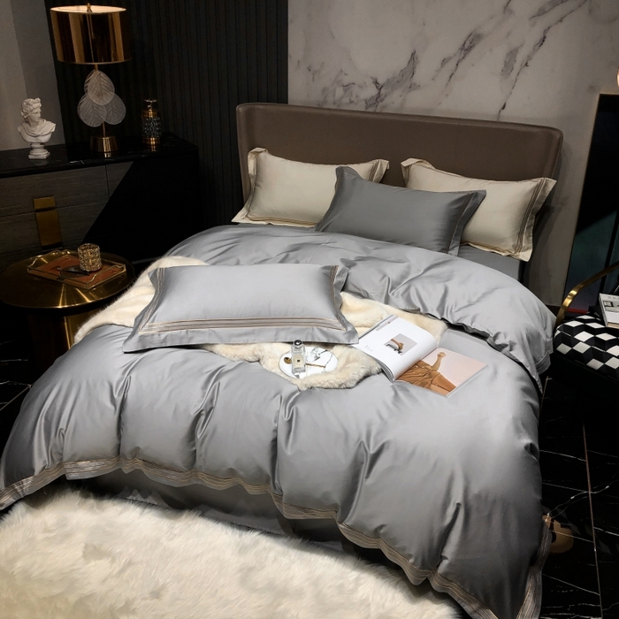 91家纺网 家纺一手货源 找家纺 梵克保罗 2025春夏新款全棉长绒棉100支三线绣刺绣四件套 深情灰