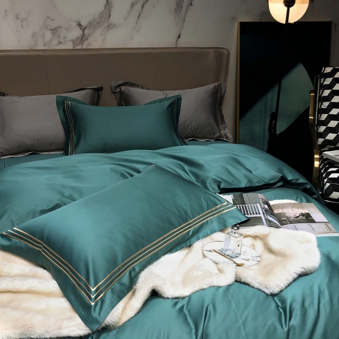 91家纺网 家纺一手货源 找家纺 梵克保罗 2025春夏新款全棉长绒棉100支三线绣刺绣四件套 丝绒绿